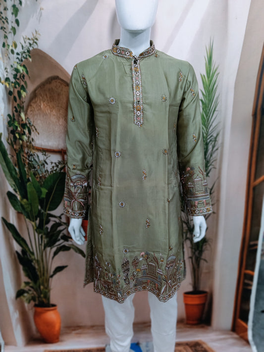 Elegant Olive Green Men's Kurta with Delicate Heritage Border