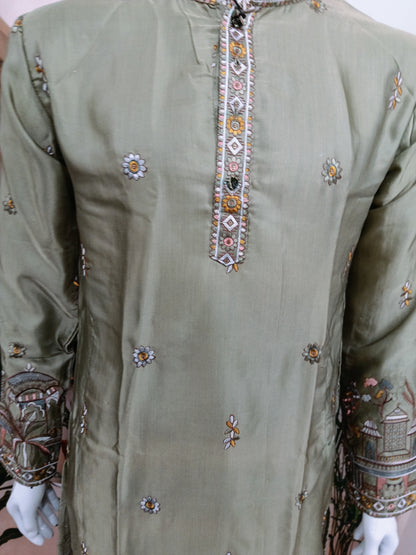 Elegant Olive Green Men's Kurta with Delicate Heritage Border