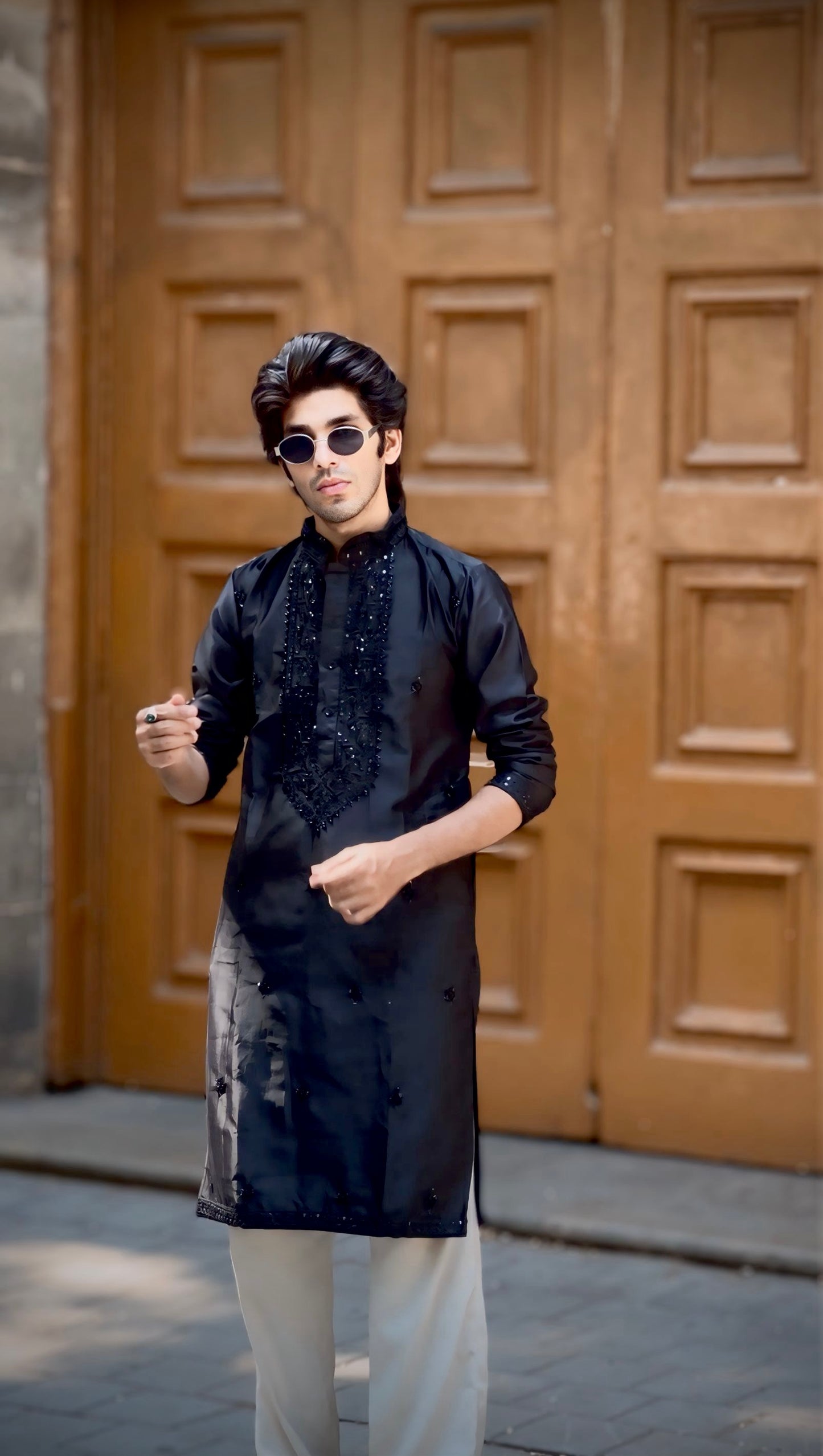 : Premium Jet Black Men's Kurta | Tonal Sequin Embroidered wrok