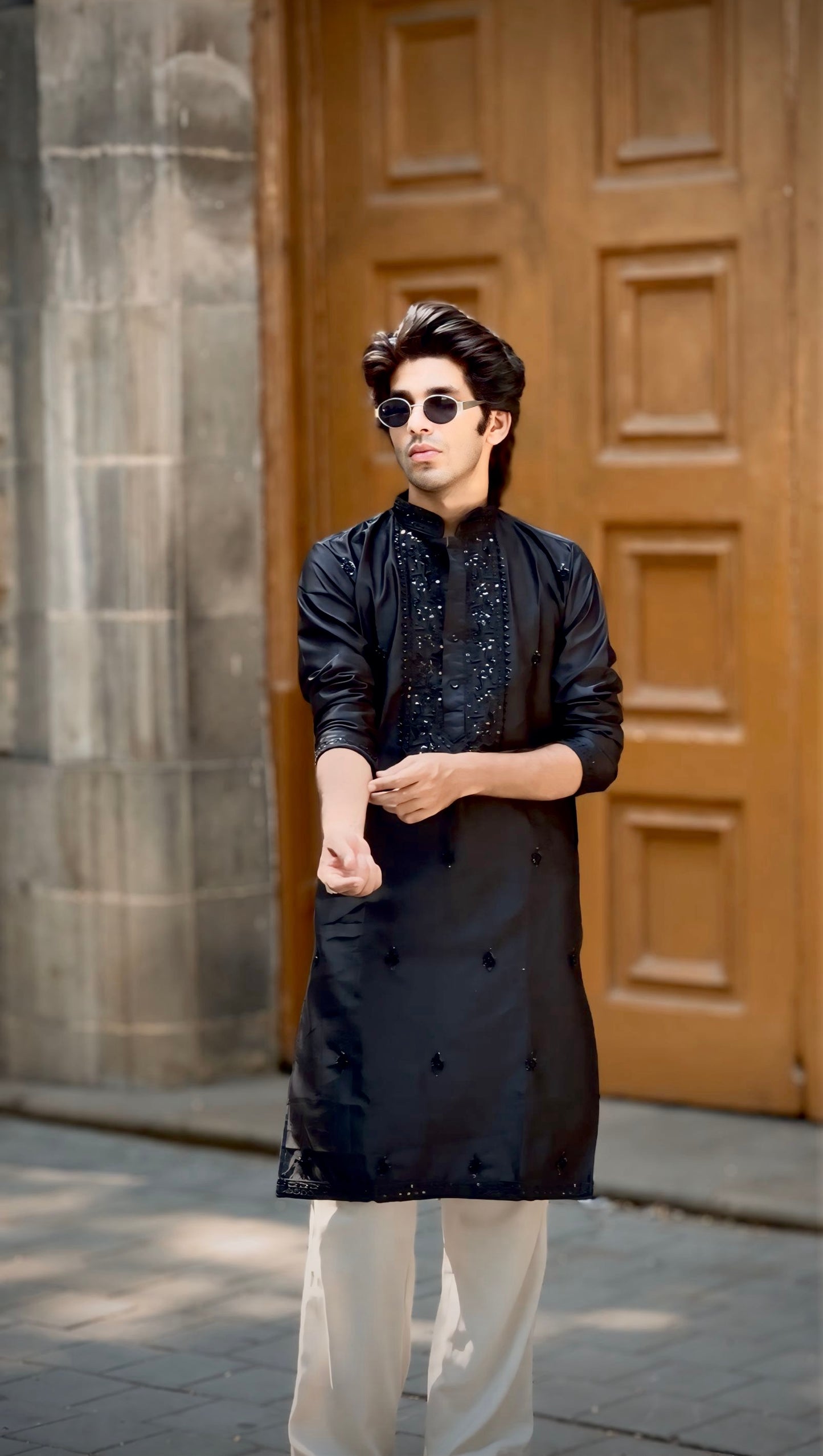 : Premium Jet Black Men's Kurta | Tonal Sequin Embroidered wrok