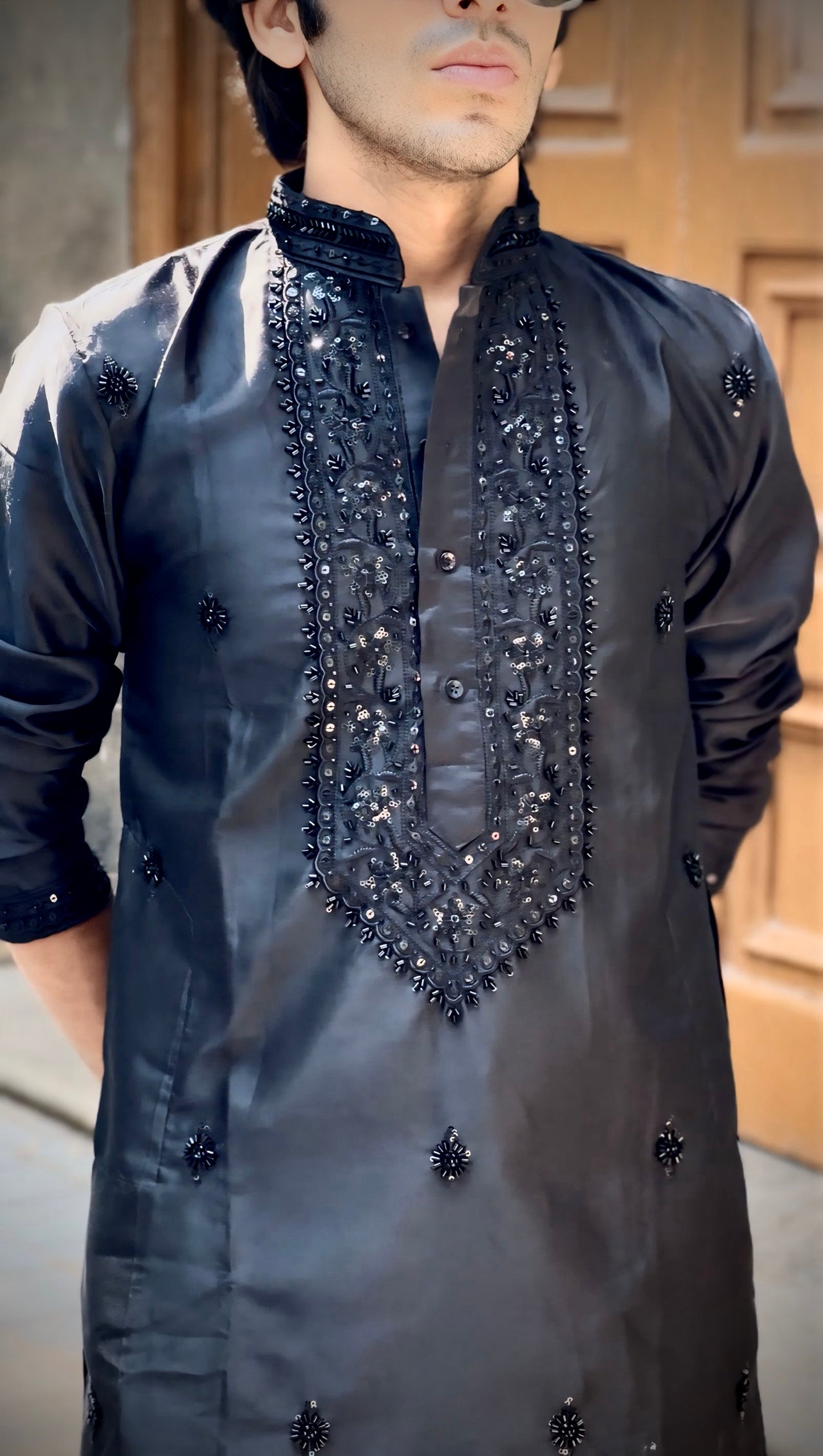 : Premium Jet Black Men's Kurta | Tonal Sequin Embroidered wrok