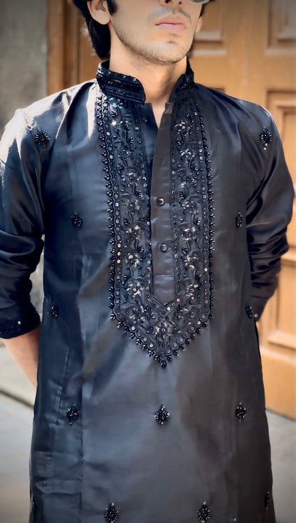 : Premium Jet Black Men's Kurta | Tonal Sequin Embroidered wrok