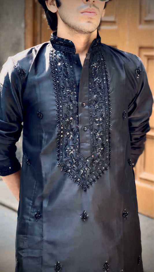 : Premium Jet Black Men's Kurta | Tonal Sequin Embroidered wrok