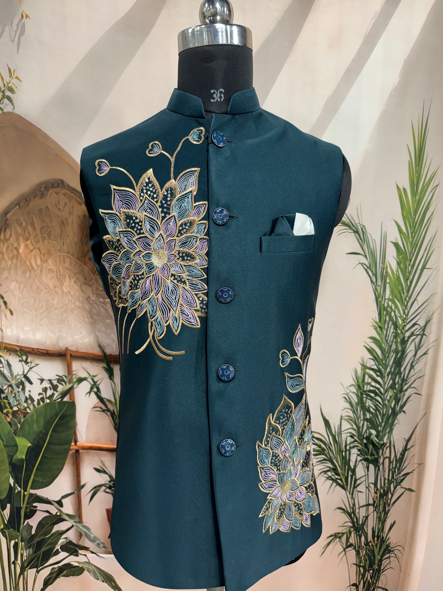 Teal Green Floral Embroidered Nehru Jacket for Men