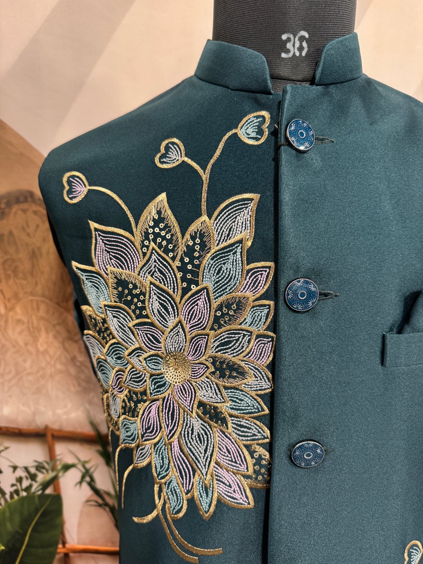 Teal Green Floral Embroidered Nehru Jacket for Men