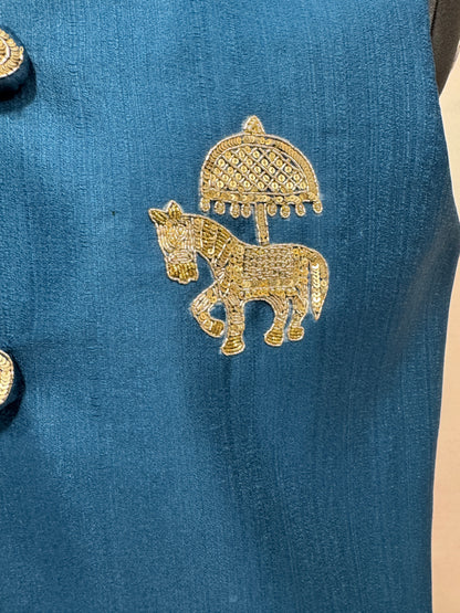 Premium Teal Blue Men's Koti | Royal Horse Motif Embroidered Nehru Jacket