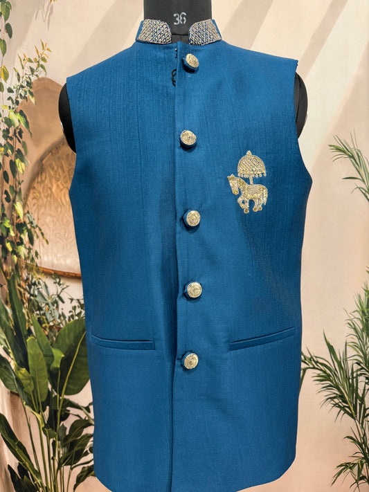 Premium Teal Blue Men's Koti | Royal Horse Motif Embroidered Nehru Jacket
