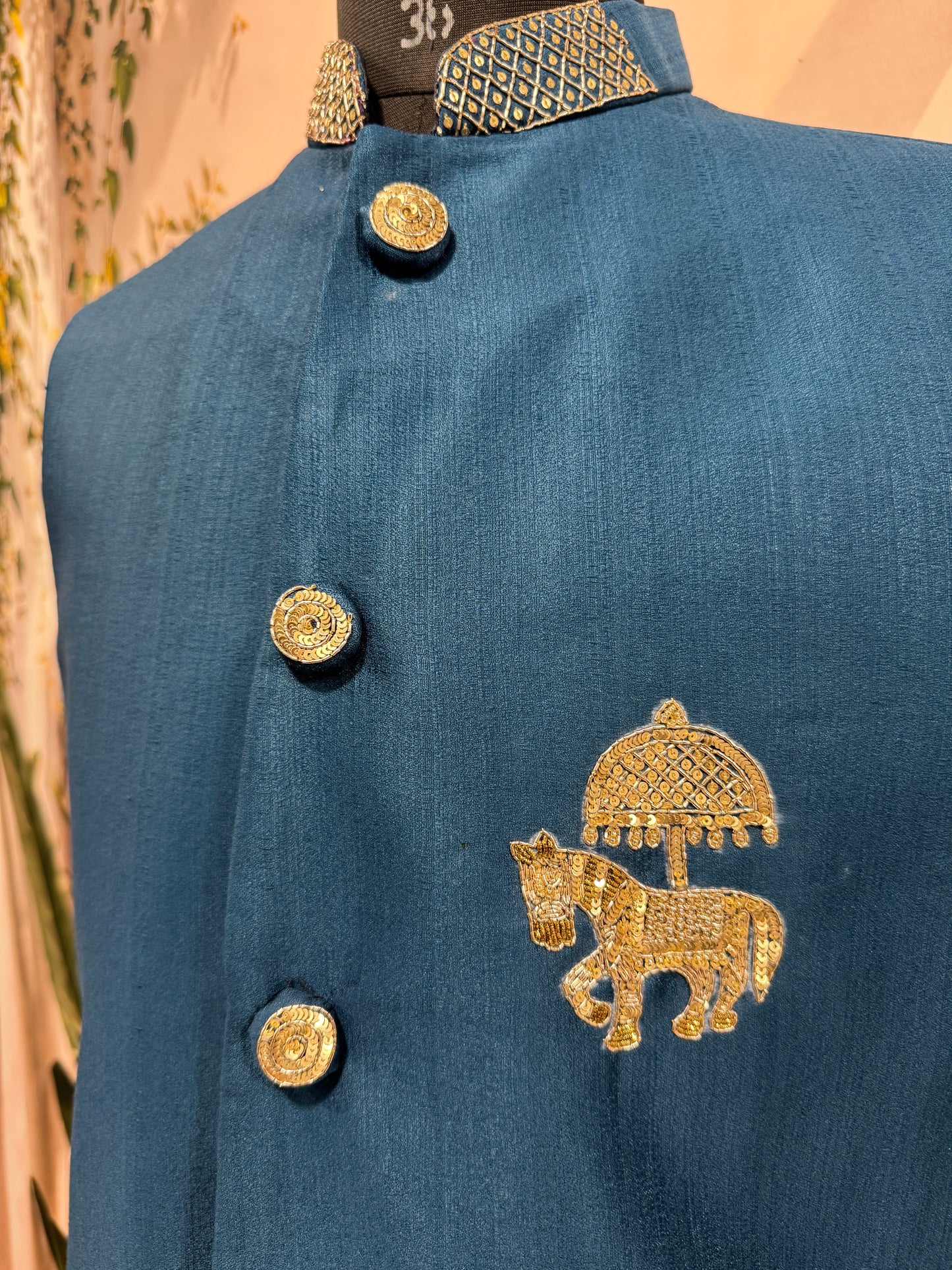 Premium Teal Blue Men's Koti | Royal Horse Motif Embroidered Nehru Jacket