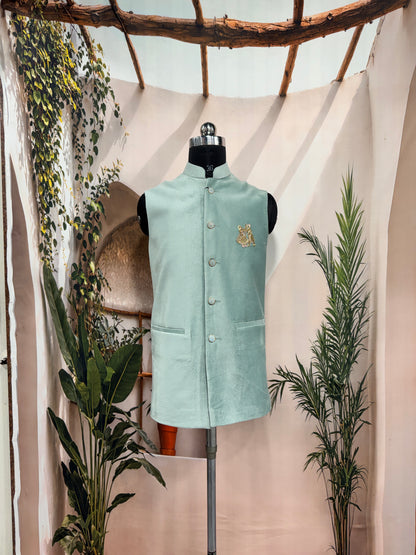 Premium Mint Green Men's Koti | Gold Embroidered Couple Motif Nehru Jacket