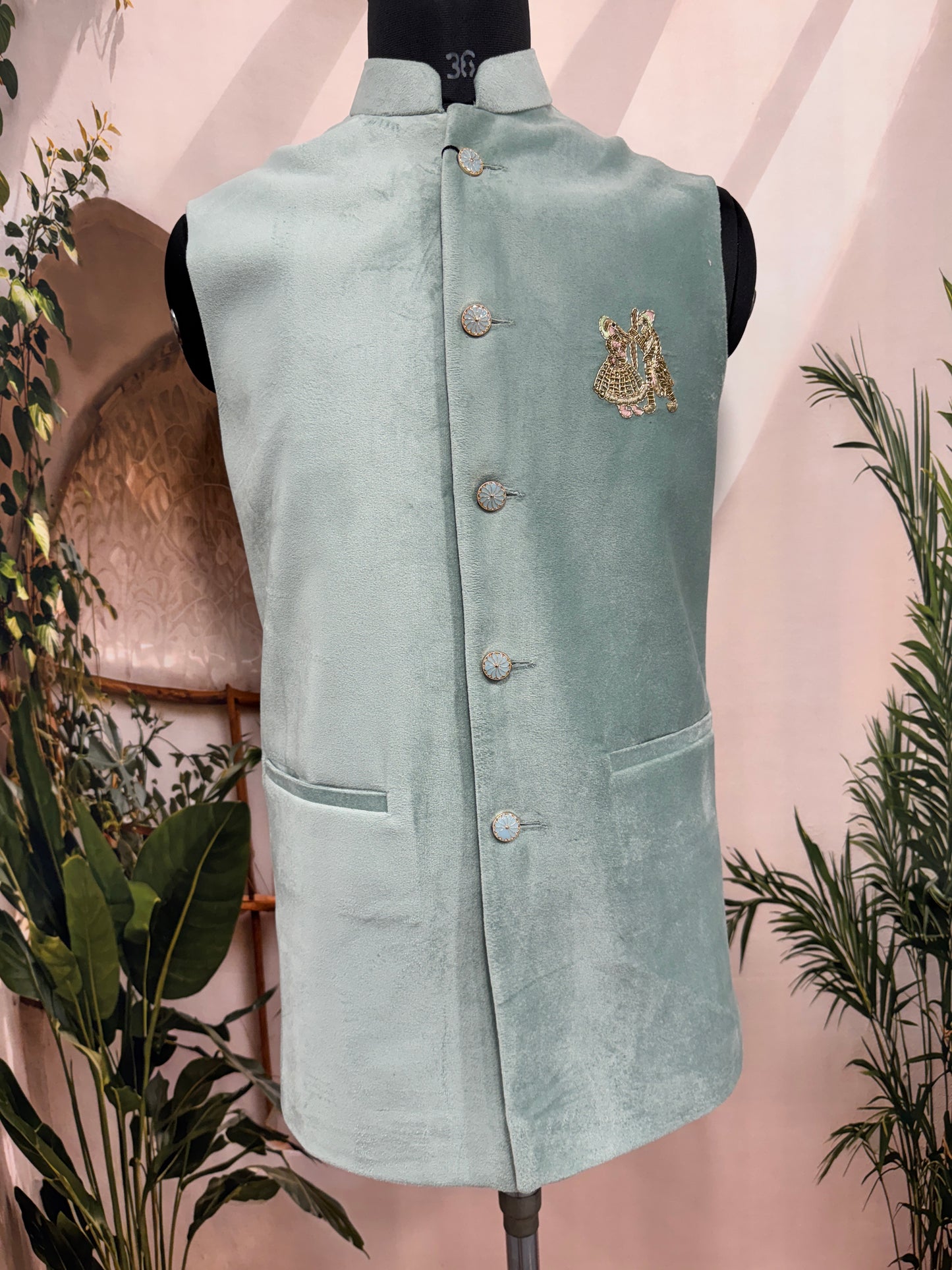 Premium Mint Green Men's Koti | Gold Embroidered Couple Motif Nehru Jacket