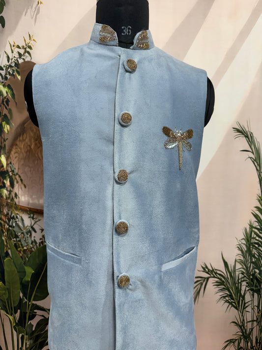Premium Powder Blue Men's Koti | Embellished Dragonfly Motif Nehru Jacket