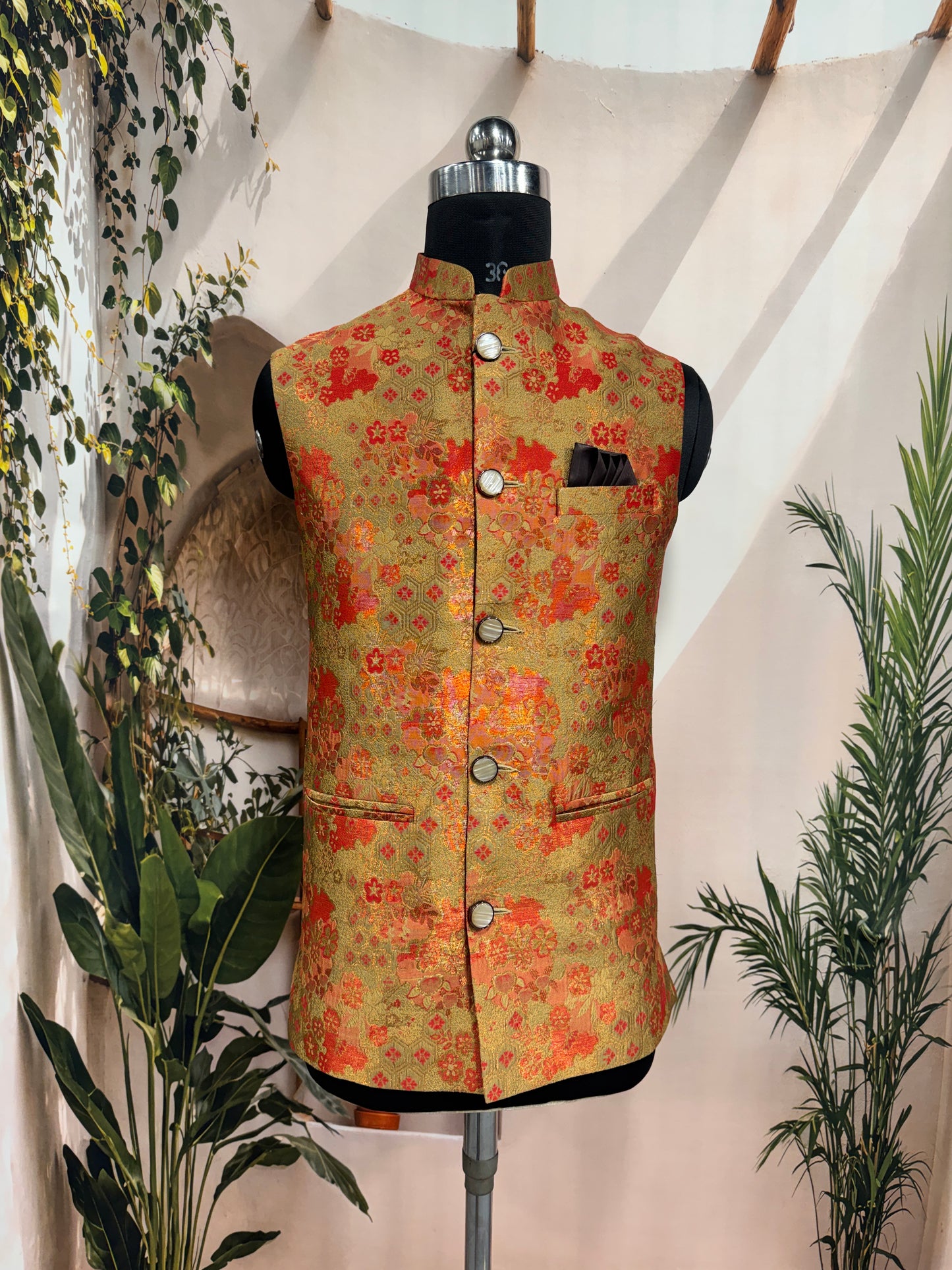 Vibrant Gold & Orange Brocade Men's Koti | Traditional Floral Nehru Jacket