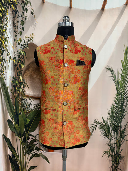 Vibrant Gold & Orange Brocade Men's Koti | Traditional Floral Nehru Jacket