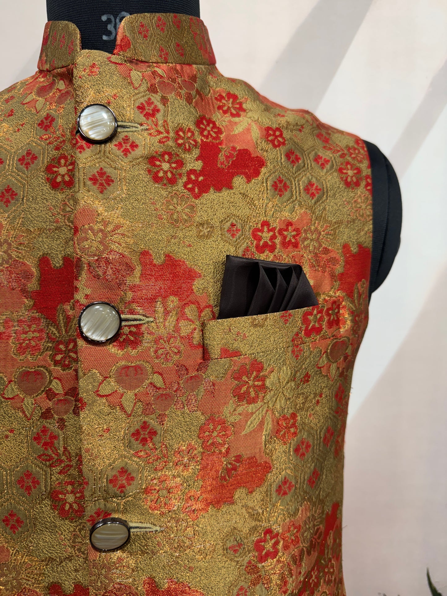 Vibrant Gold & Orange Brocade Men's Koti | Traditional Floral Nehru Jacket