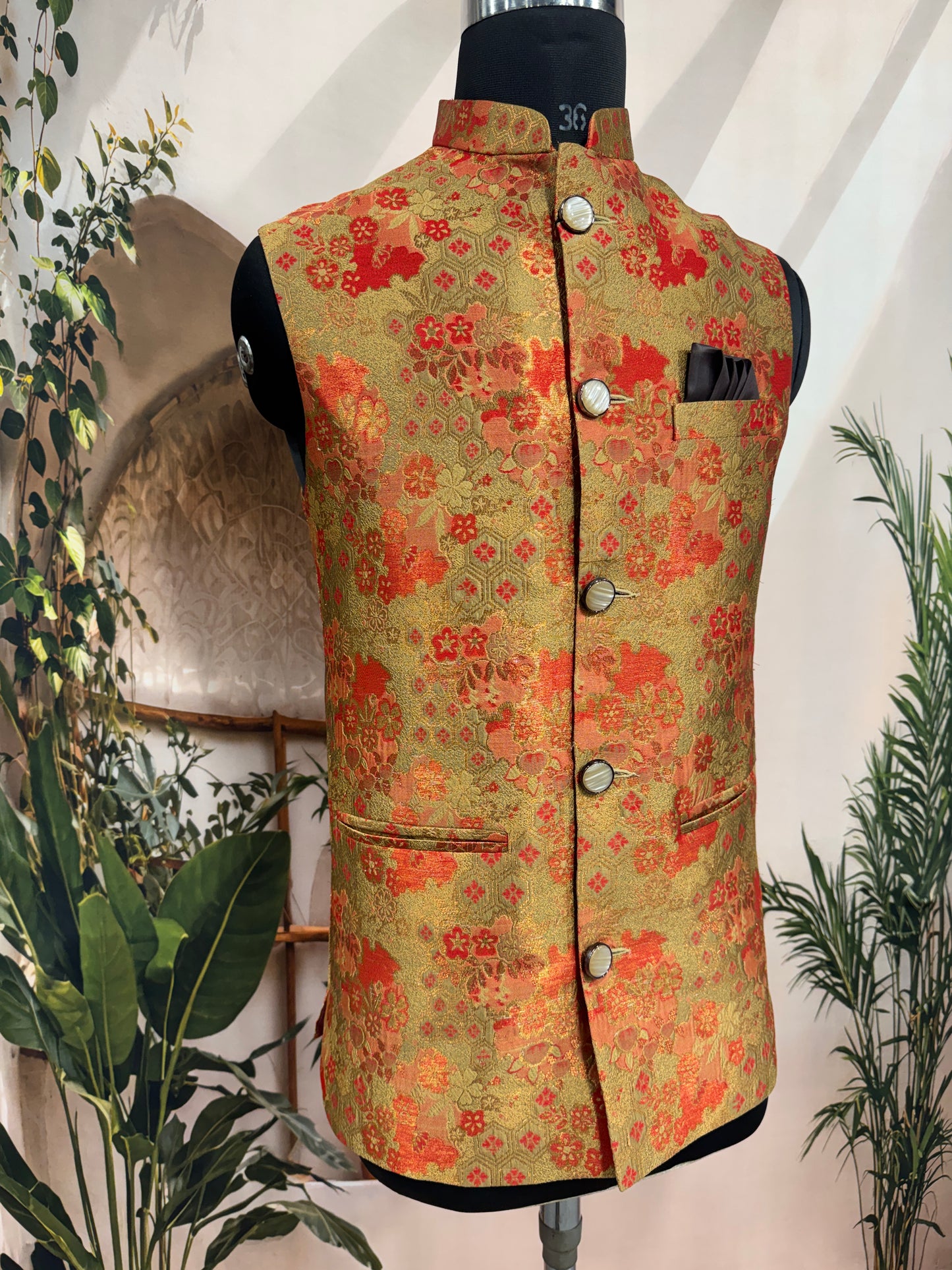 Vibrant Gold & Orange Brocade Men's Koti | Traditional Floral Nehru Jacket