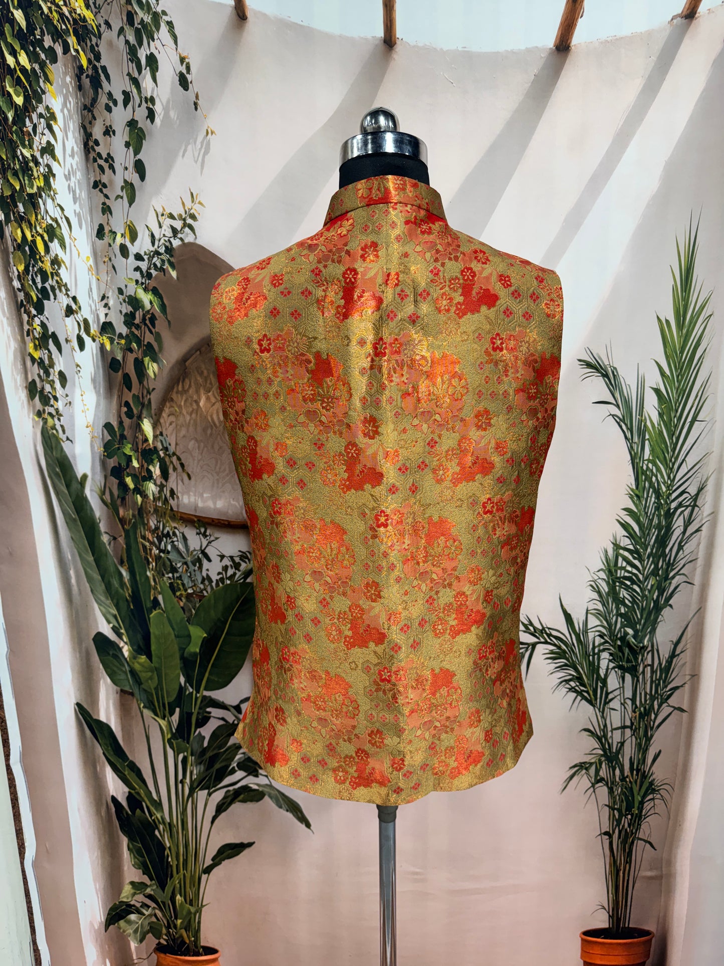 Vibrant Gold & Orange Brocade Men's Koti | Traditional Floral Nehru Jacket
