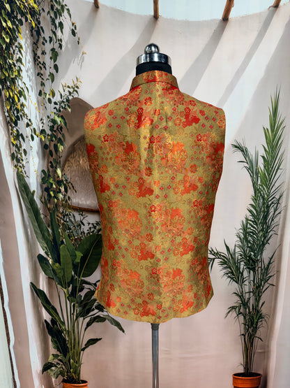 Vibrant Gold & Orange Brocade Men's Koti | Traditional Floral Nehru Jacket