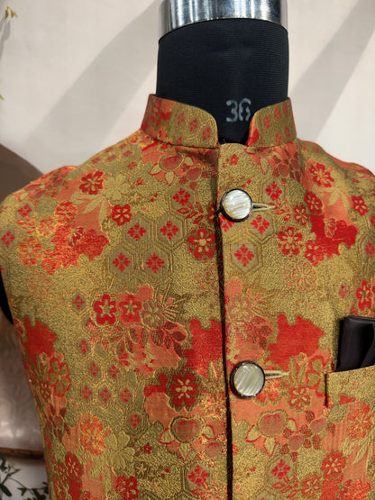 Vibrant Gold & Orange Brocade Men's Koti | Traditional Floral Nehru Jacket