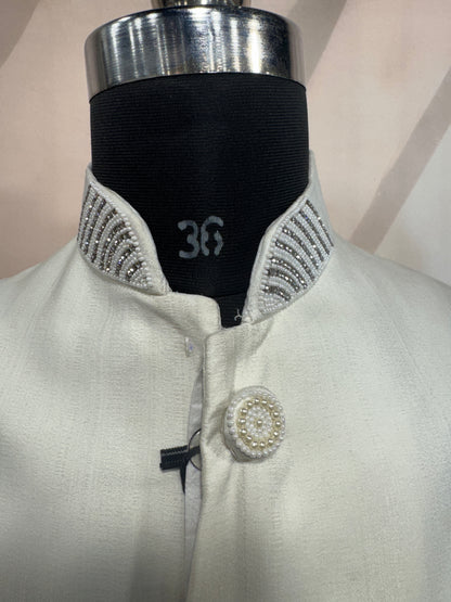 Premium Off-White Asymmetric Men's Koti | Silver Crystal Chest Motif