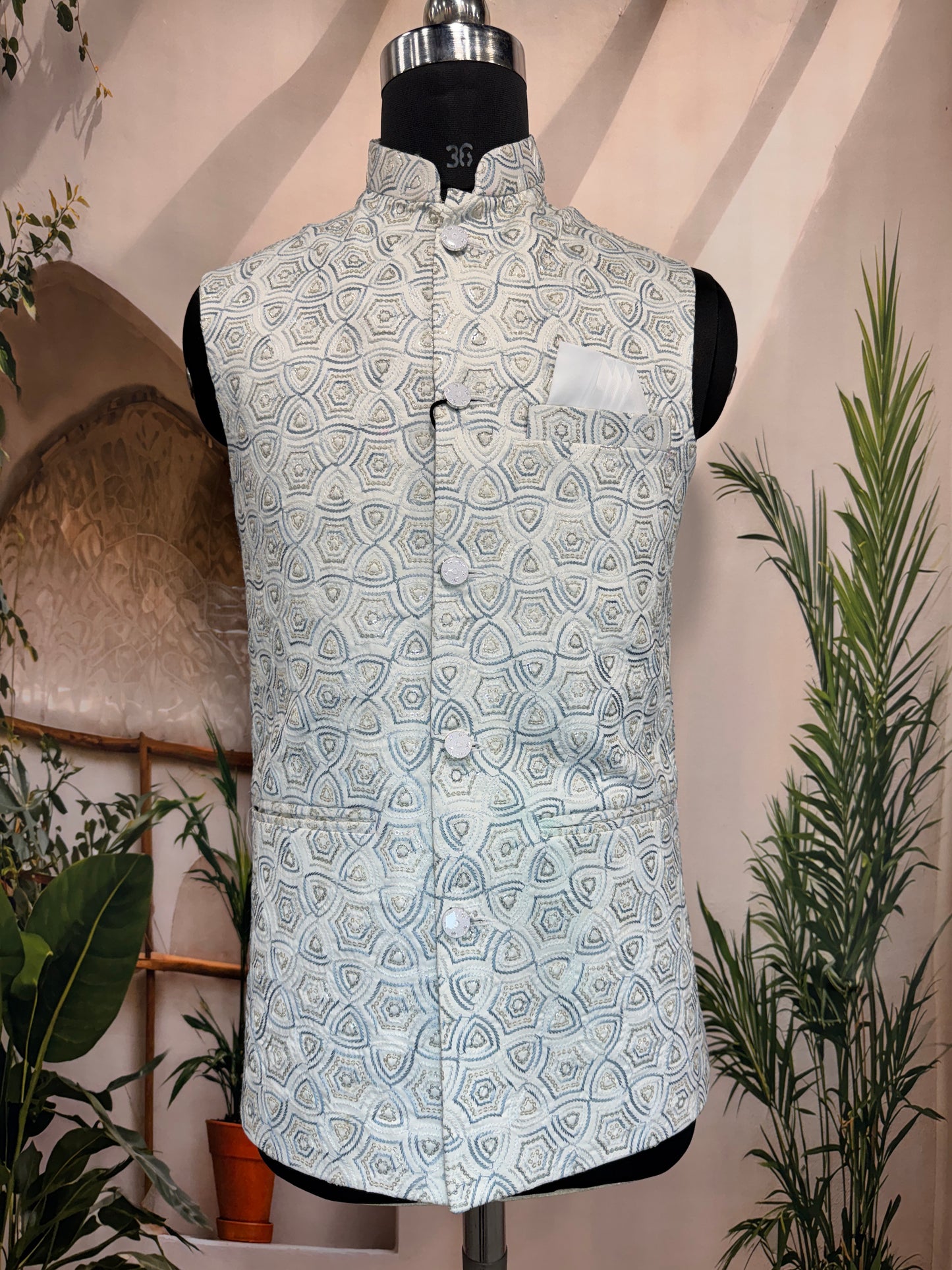 Premium Ivory Geometric Embroidered Men's Koti | Contemporary Hexagon Nehru Jacket
