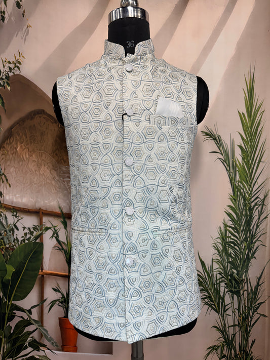 Premium Ivory Geometric Embroidered Men's Koti | Contemporary Hexagon Nehru Jacket
