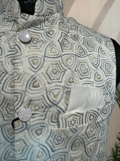 Premium Ivory Geometric Embroidered Men's Koti | Contemporary Hexagon Nehru Jacket