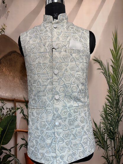 Premium Ivory Geometric Embroidered Men's Koti | Contemporary Hexagon Nehru Jacket