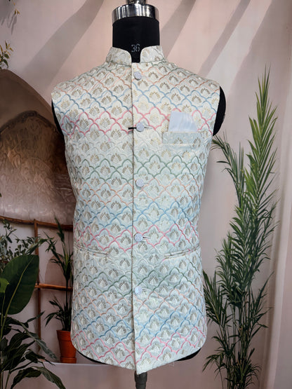 Premium Pastel Geometric Embroidered Men's Koti | Scallop Motif Nehru Jacket