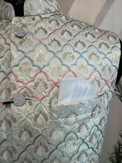 Premium Pastel Geometric Embroidered Men's Koti | Scallop Motif Nehru Jacket
