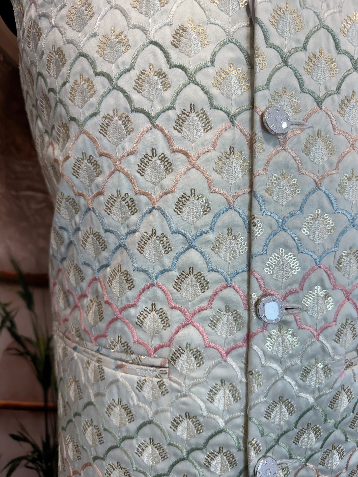 Premium Pastel Geometric Embroidered Men's Koti | Scallop Motif Nehru Jacket