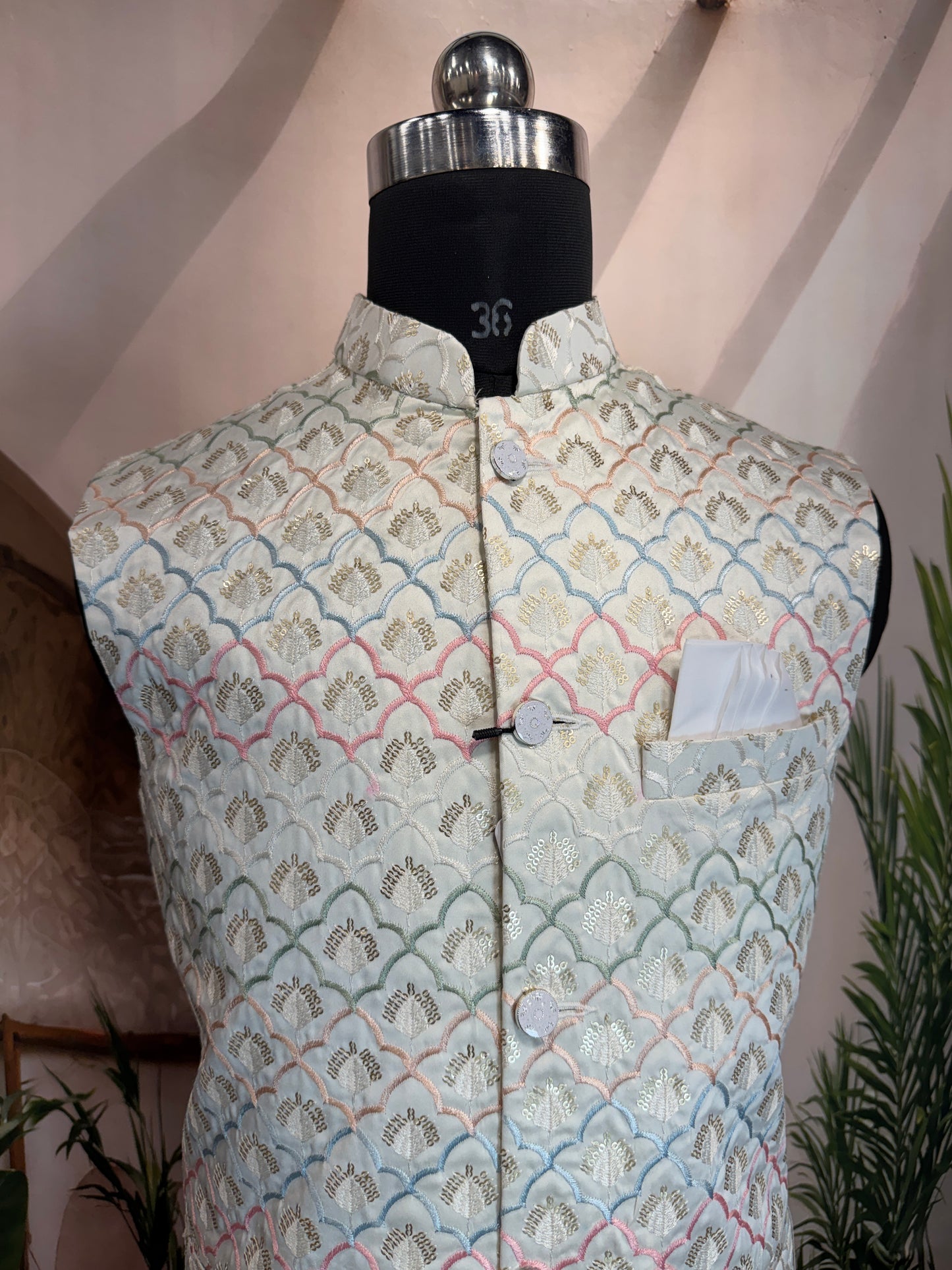 Premium Pastel Geometric Embroidered Men's Koti | Scallop Motif Nehru Jacket