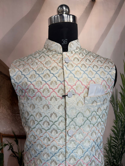 Premium Pastel Geometric Embroidered Men's Koti | Scallop Motif Nehru Jacket