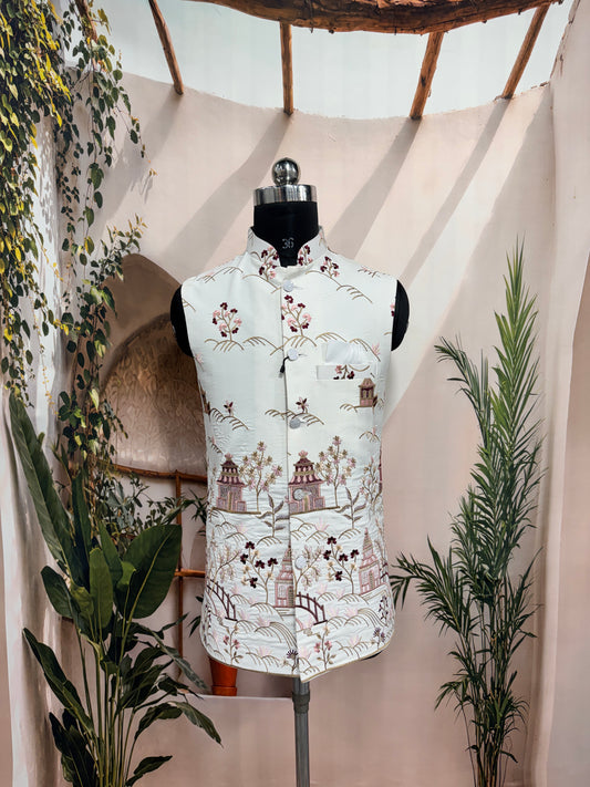 Premium Ivory Scenic Embroidered Men's Koti | Blossom & Pavilion Nehru Jacket
