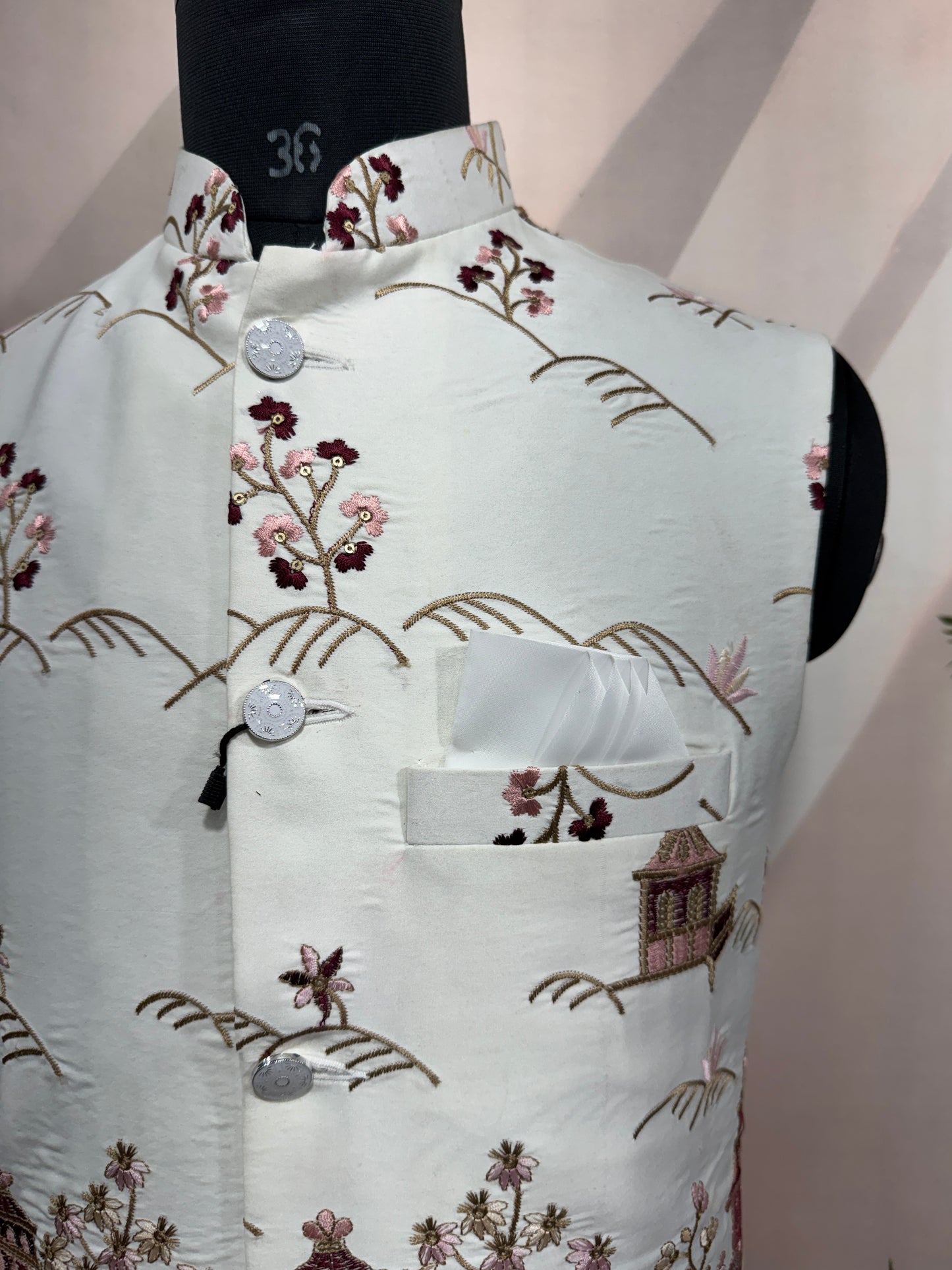 Premium Ivory Scenic Embroidered Men's Koti | Blossom & Pavilion Nehru Jacket