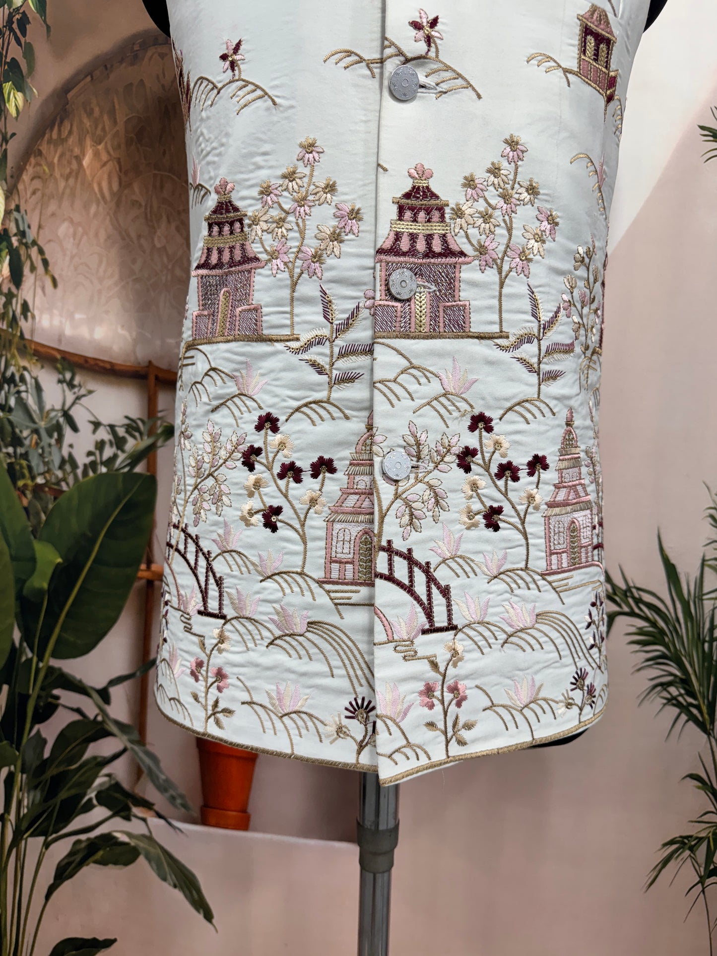 Premium Ivory Scenic Embroidered Men's Koti | Blossom & Pavilion Nehru Jacket