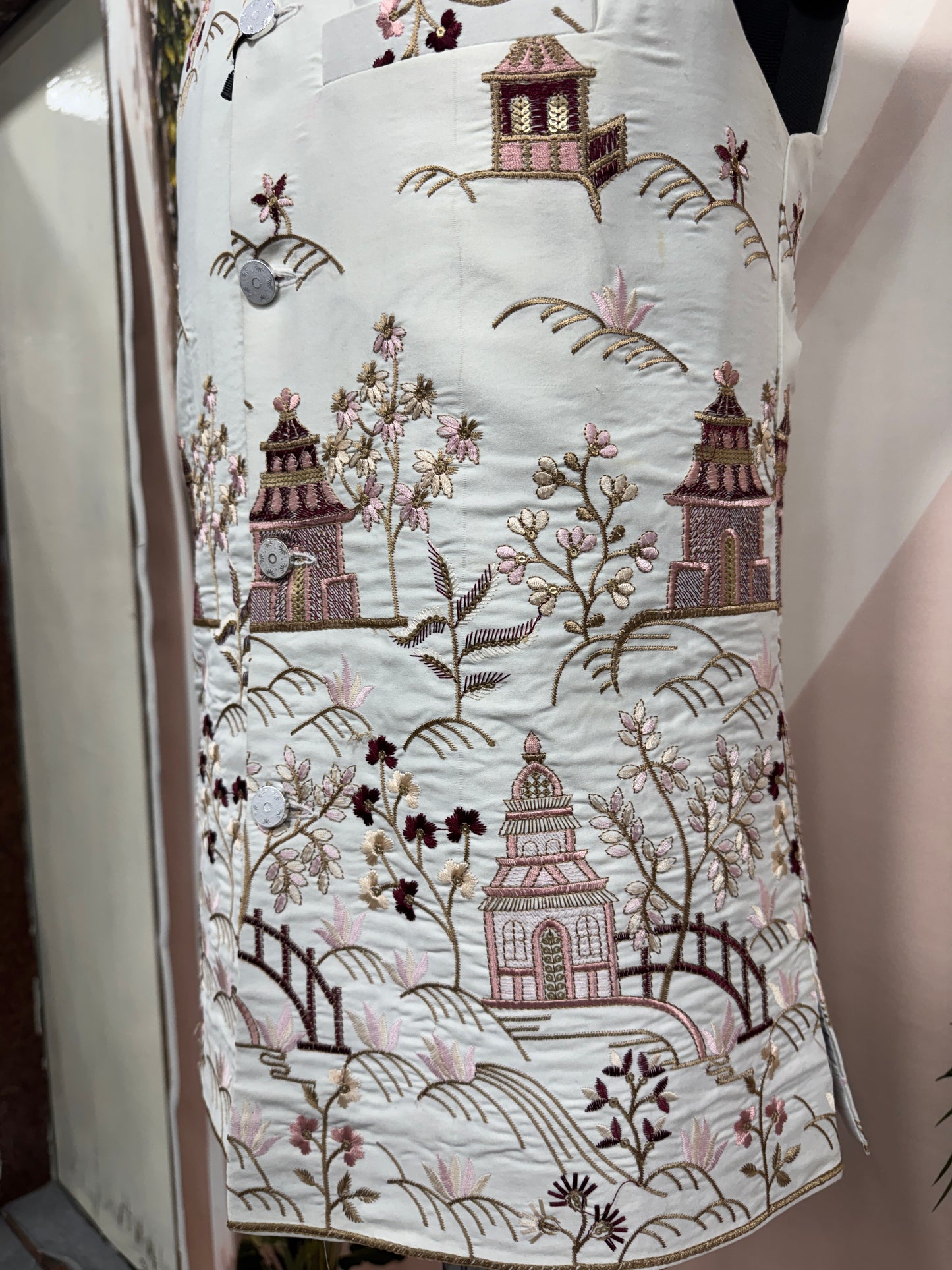 Premium Ivory Scenic Embroidered Men's Koti | Blossom & Pavilion Nehru Jacket