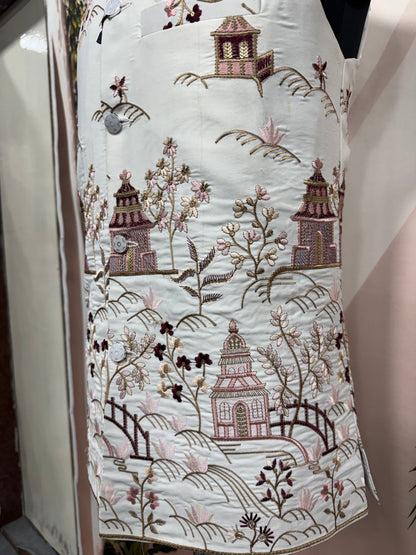 Premium Ivory Scenic Embroidered Men's Koti | Blossom & Pavilion Nehru Jacket