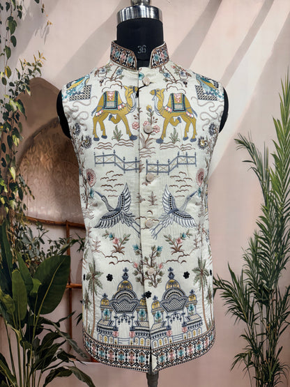 Premium Ivory Heritage Embroidered Men's Koti | Camel & Palace Motif Nehru Jacket