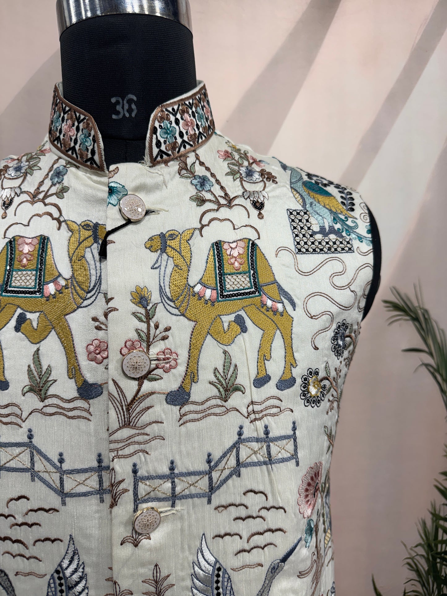 Premium Ivory Heritage Embroidered Men's Koti | Camel & Palace Motif Nehru Jacket