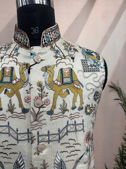 Premium Ivory Heritage Embroidered Men's Koti | Camel & Palace Motif Nehru Jacket