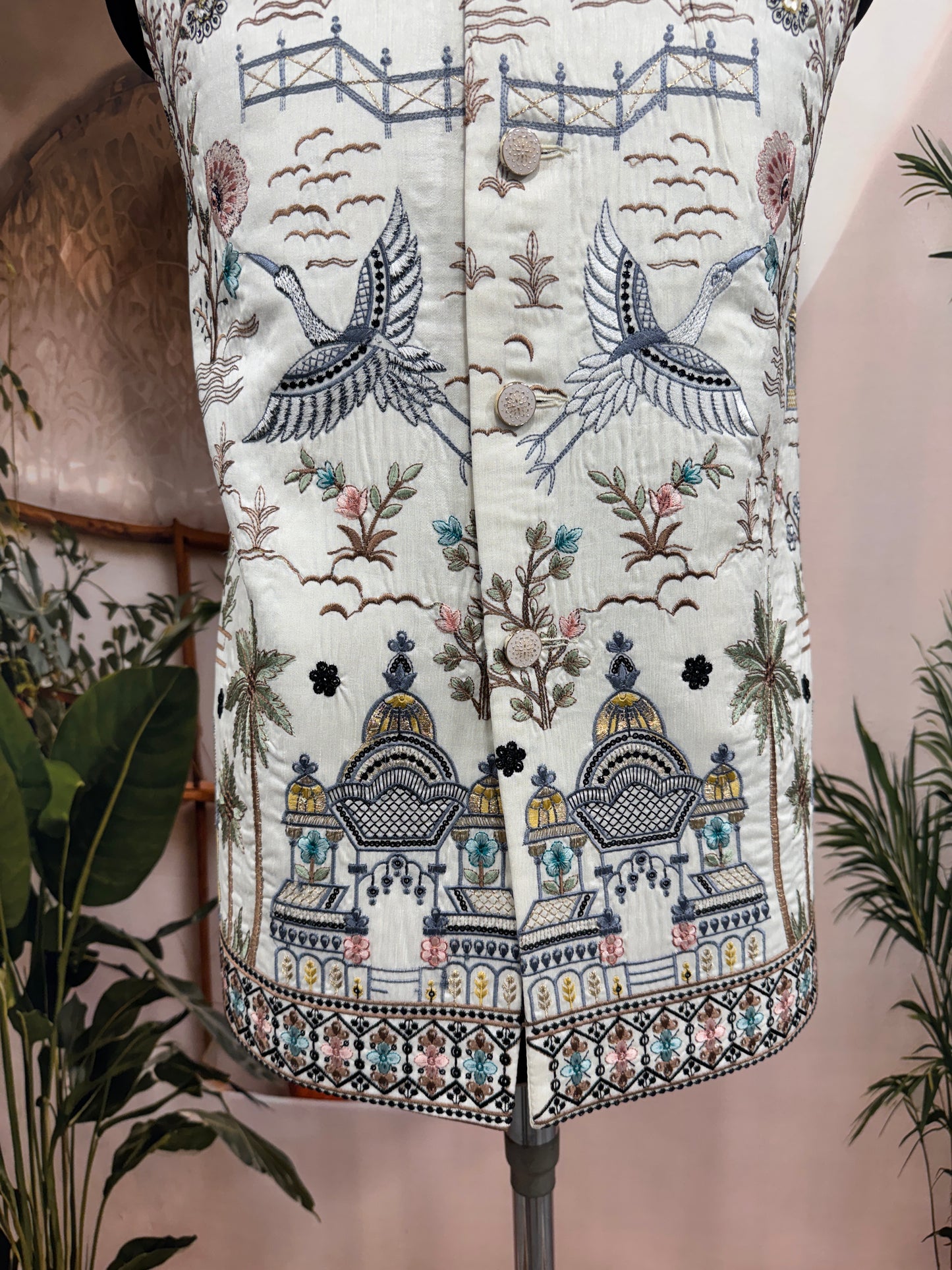 Premium Ivory Heritage Embroidered Men's Koti | Camel & Palace Motif Nehru Jacket