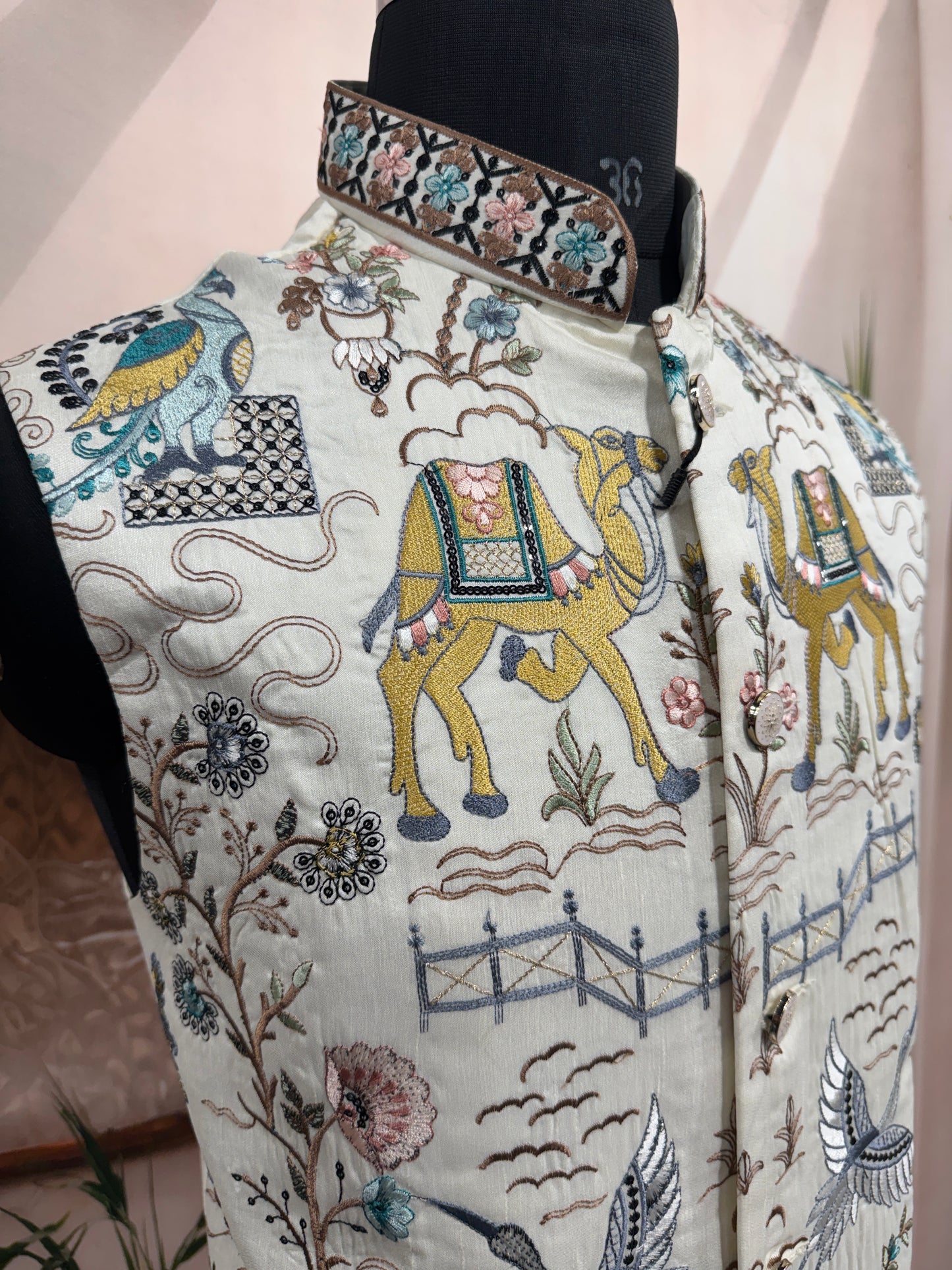 Premium Ivory Heritage Embroidered Men's Koti | Camel & Palace Motif Nehru Jacket