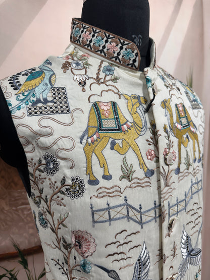 Premium Ivory Heritage Embroidered Men's Koti | Camel & Palace Motif Nehru Jacket