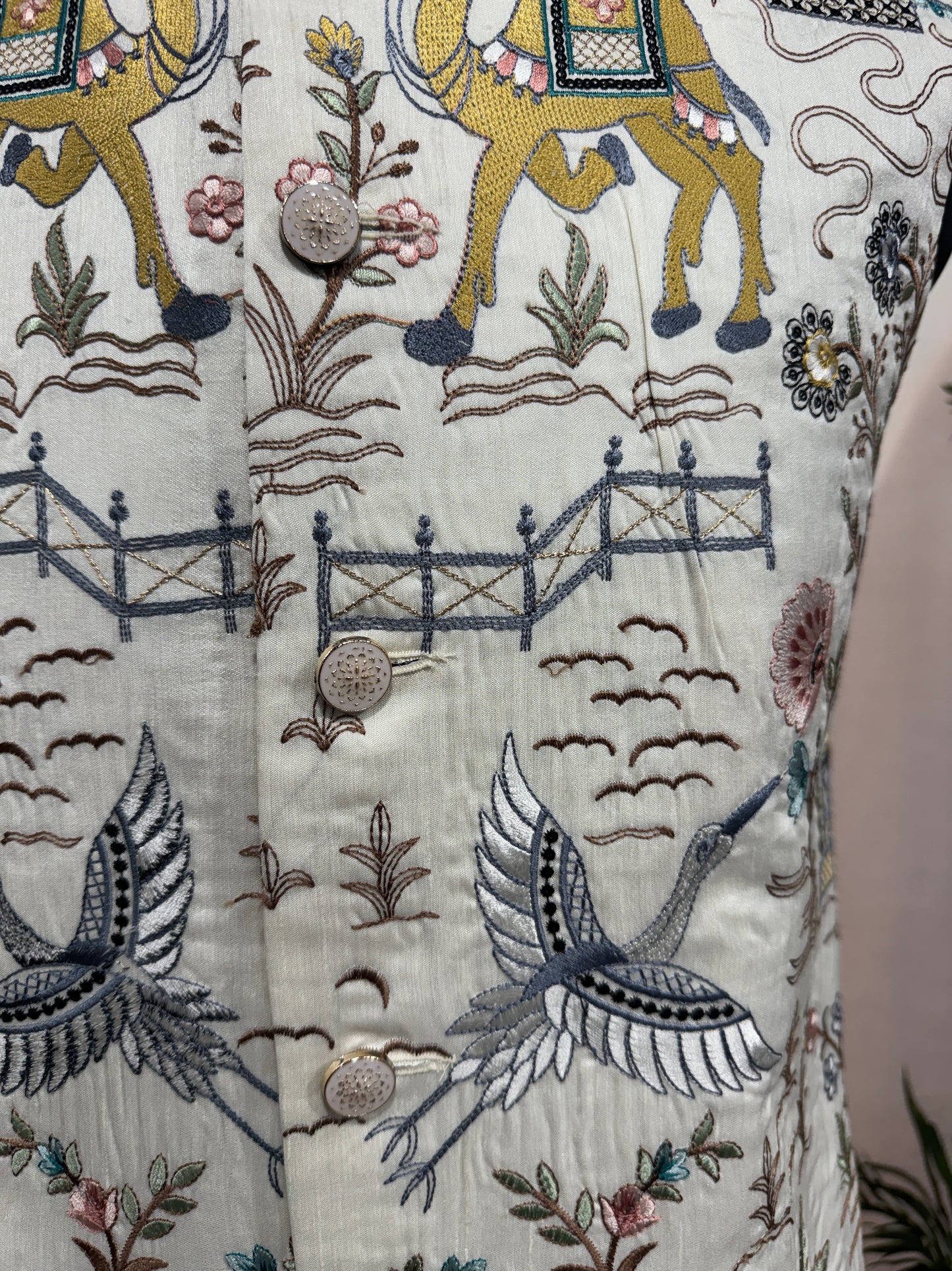 Premium Ivory Heritage Embroidered Men's Koti | Camel & Palace Motif Nehru Jacket
