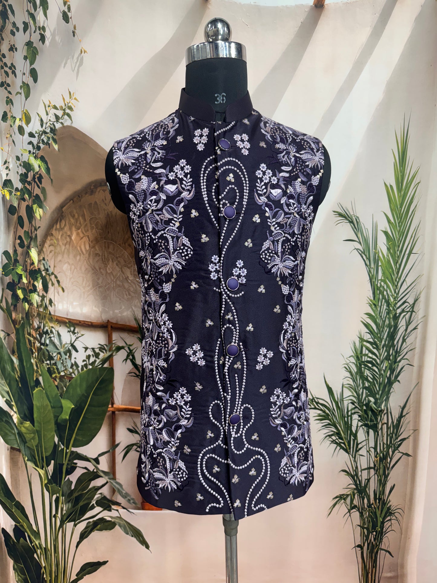 Premium Deep Purple Embroidered Men's Koti | Silver Floral & Pearl Detail Nehru Jacket