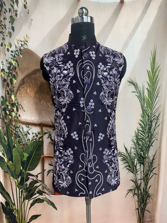 Premium Deep Purple Embroidered Men's Koti | Silver Floral & Pearl Detail Nehru Jacket