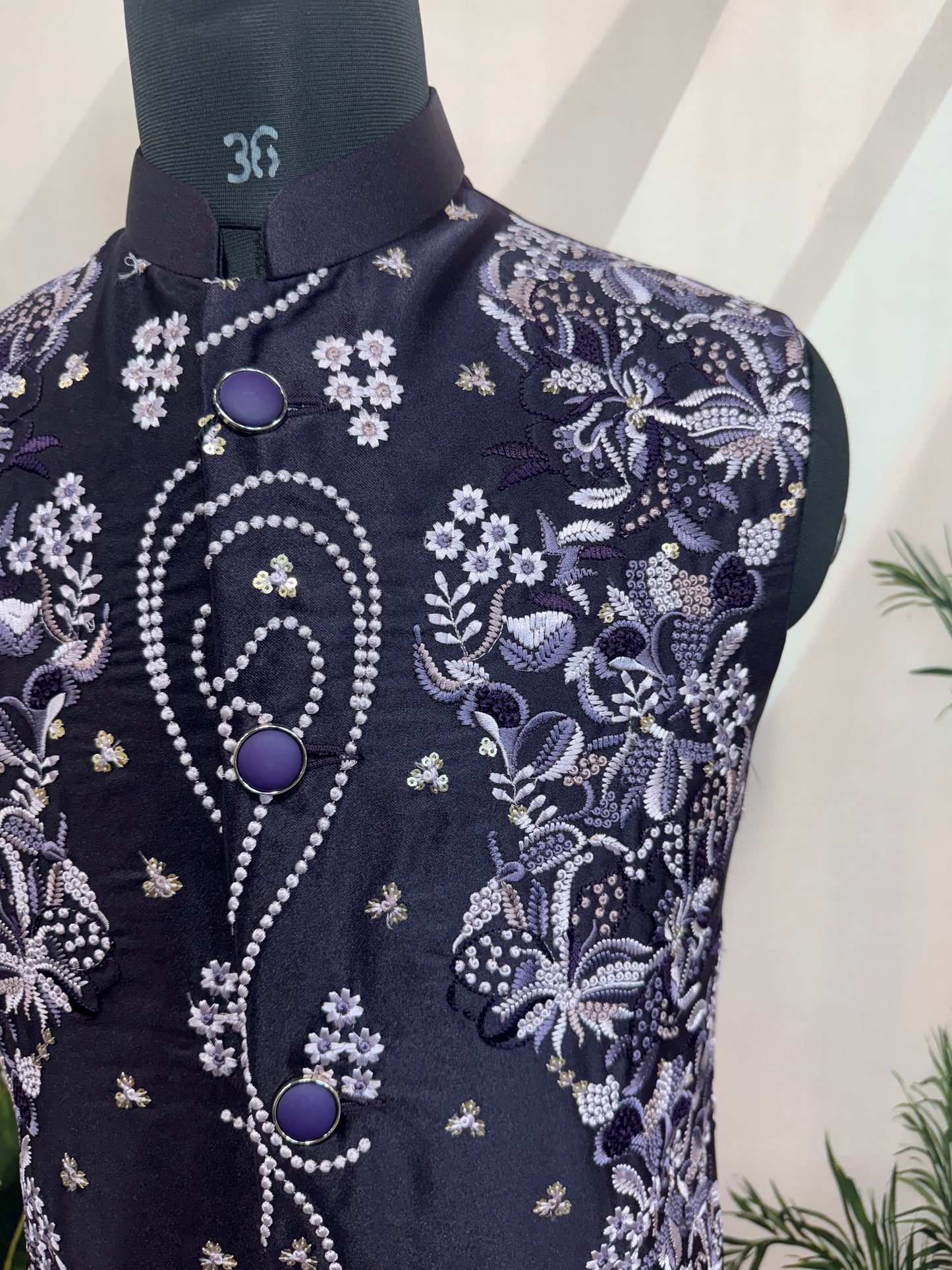 Premium Deep Purple Embroidered Men's Koti | Silver Floral & Pearl Detail Nehru Jacket