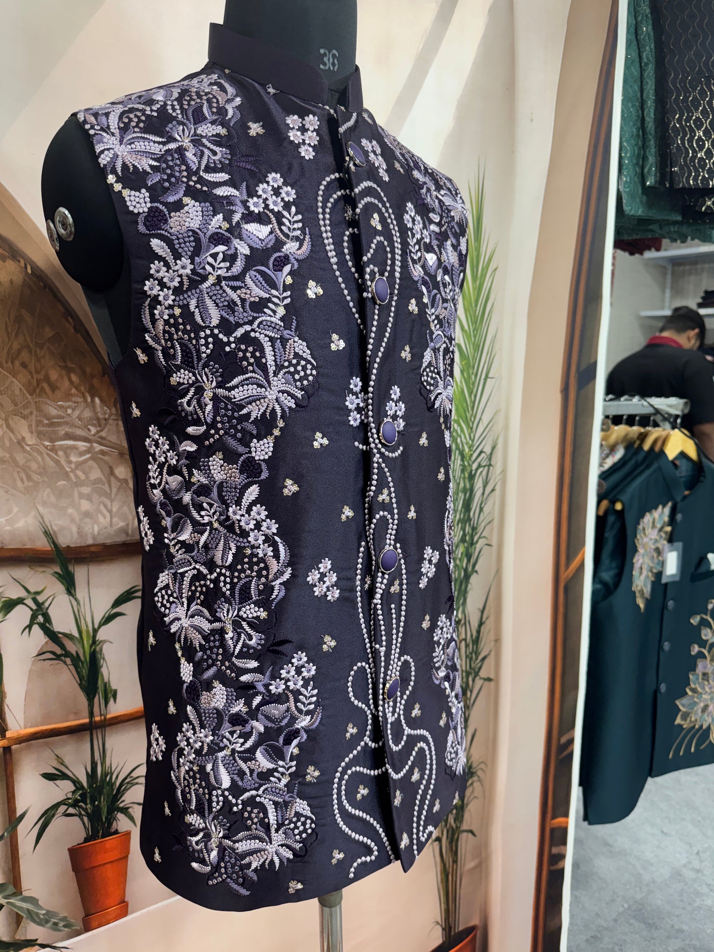 Premium Deep Purple Embroidered Men's Koti | Silver Floral & Pearl Detail Nehru Jacket