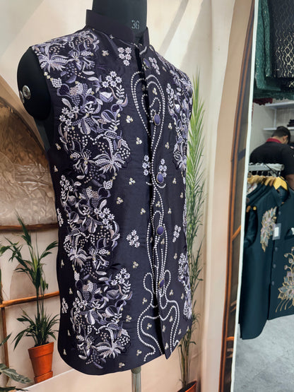 Premium Deep Purple Embroidered Men's Koti | Silver Floral & Pearl Detail Nehru Jacket