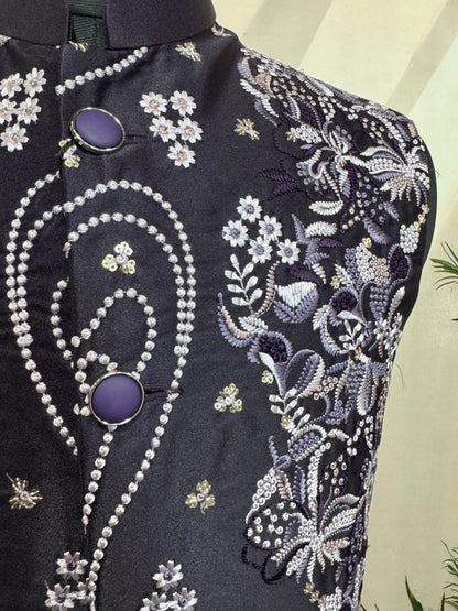 Premium Deep Purple Embroidered Men's Koti | Silver Floral & Pearl Detail Nehru Jacket